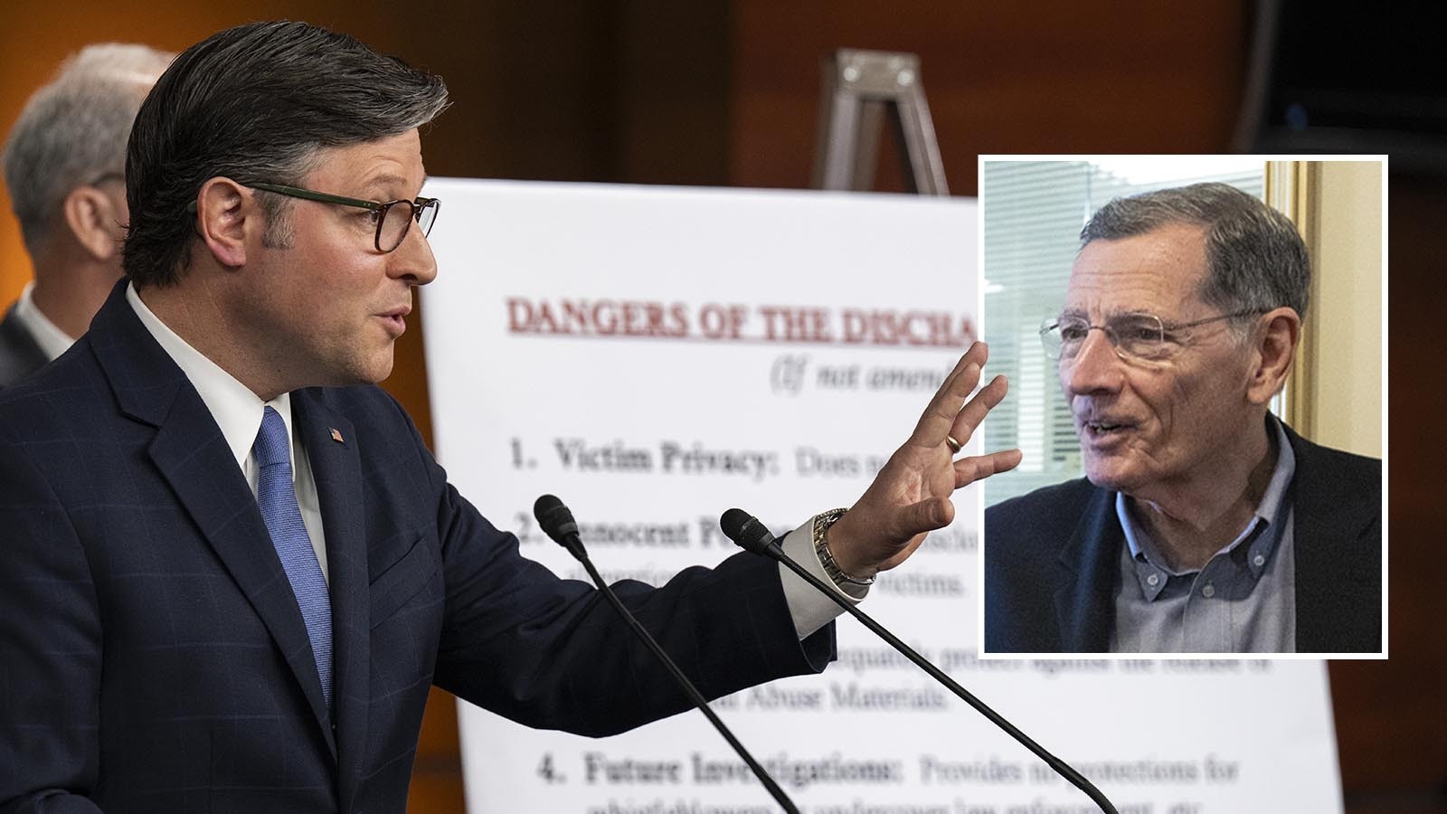 U.S. Senate Republican leaders, including Wyoming’s John Barrasso, inset, allowed legislation on the Epstein files to pass Wednesday with no debate or amendments. They ingnored U.S. House Speaker Mike Johnson’s insistence on changes.
