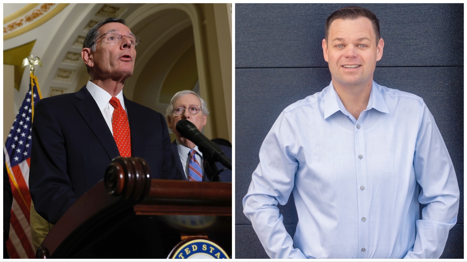 Sen. John Barrasso, left, and Reid Radner, who announced Tuesday he's challenging Barrasso for his seat in 2024.