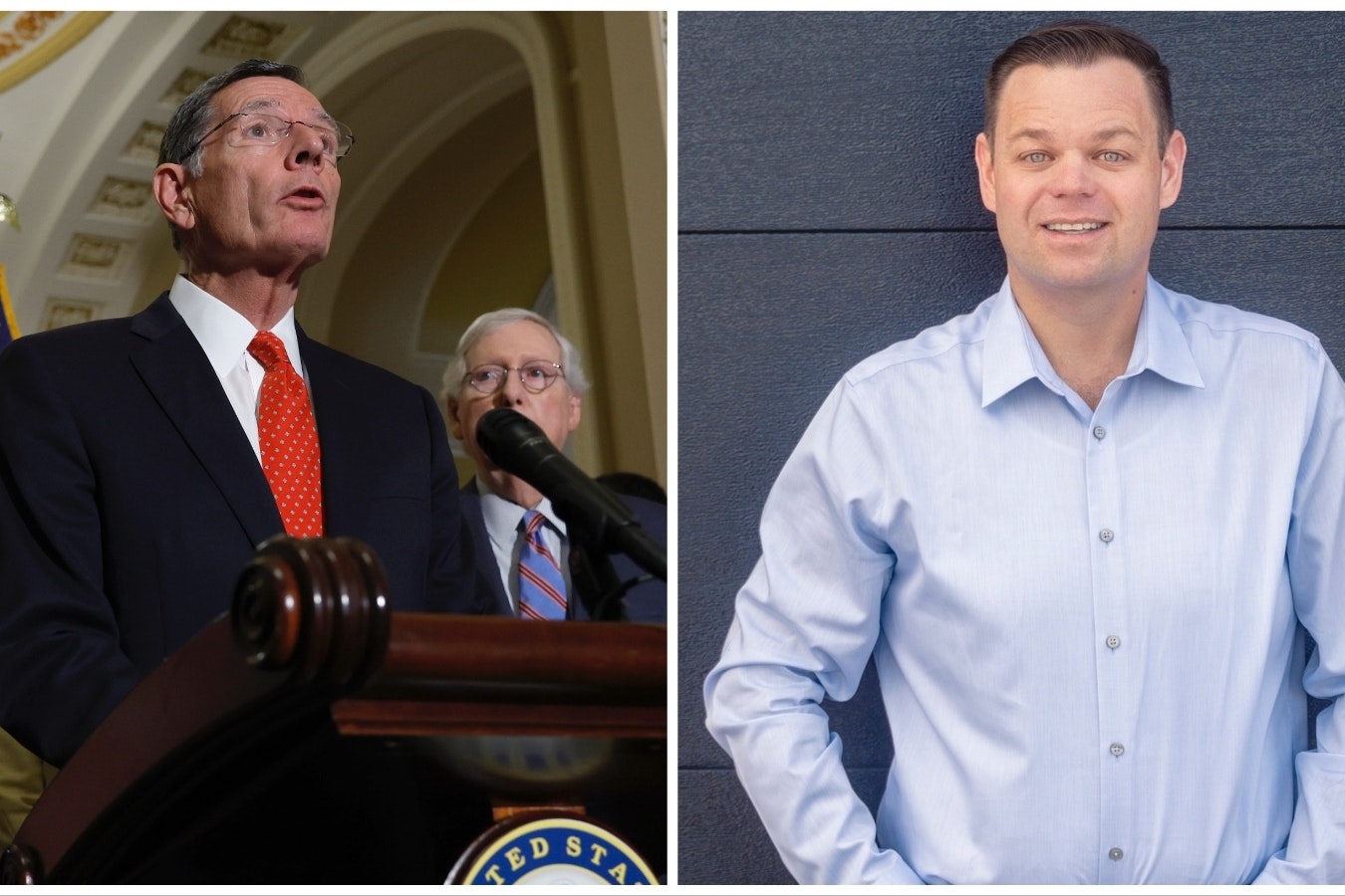 Sen. John Barrasso, left, and Reid Radner, who announced Tuesday he's challenging Barrasso for his seat in 2024.