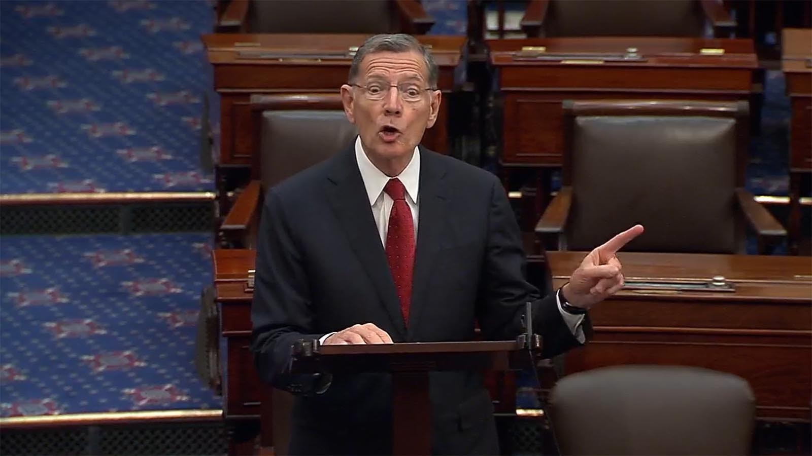 Wyoming Republican U.S. Sen. John Barrasso on the floor of the senate Thursday, July 31, 2025, where he chastized Democrats for holding up the nomination of Brian Nesvik as director of the U.S. Fish and Wildlife Service.