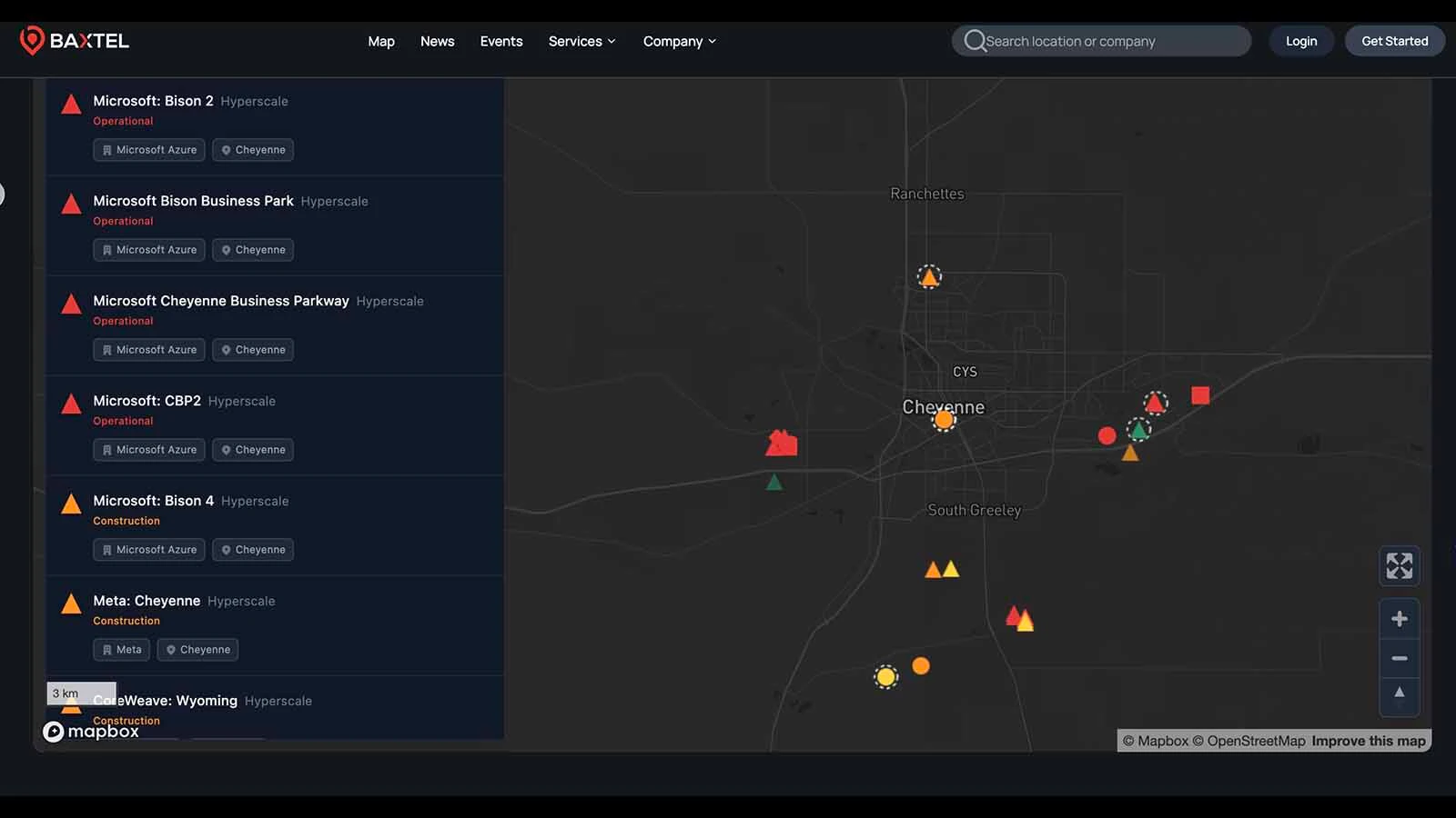 A data center location map for Baxtel, a data center development news site.