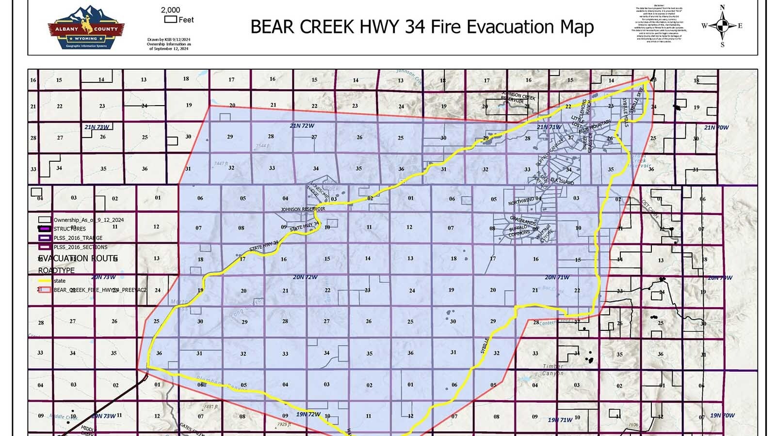 Map of the evacuation notice area for the Bear Creek Fire in east-central Albany County.