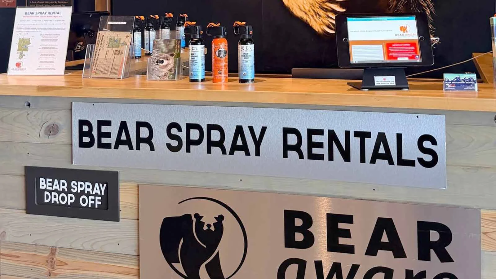 A kiosk at the Jackson Hole Airport allows travelers to rent cans of bear spray when they arrive in Wyoming and drop the cans back off when they depart.