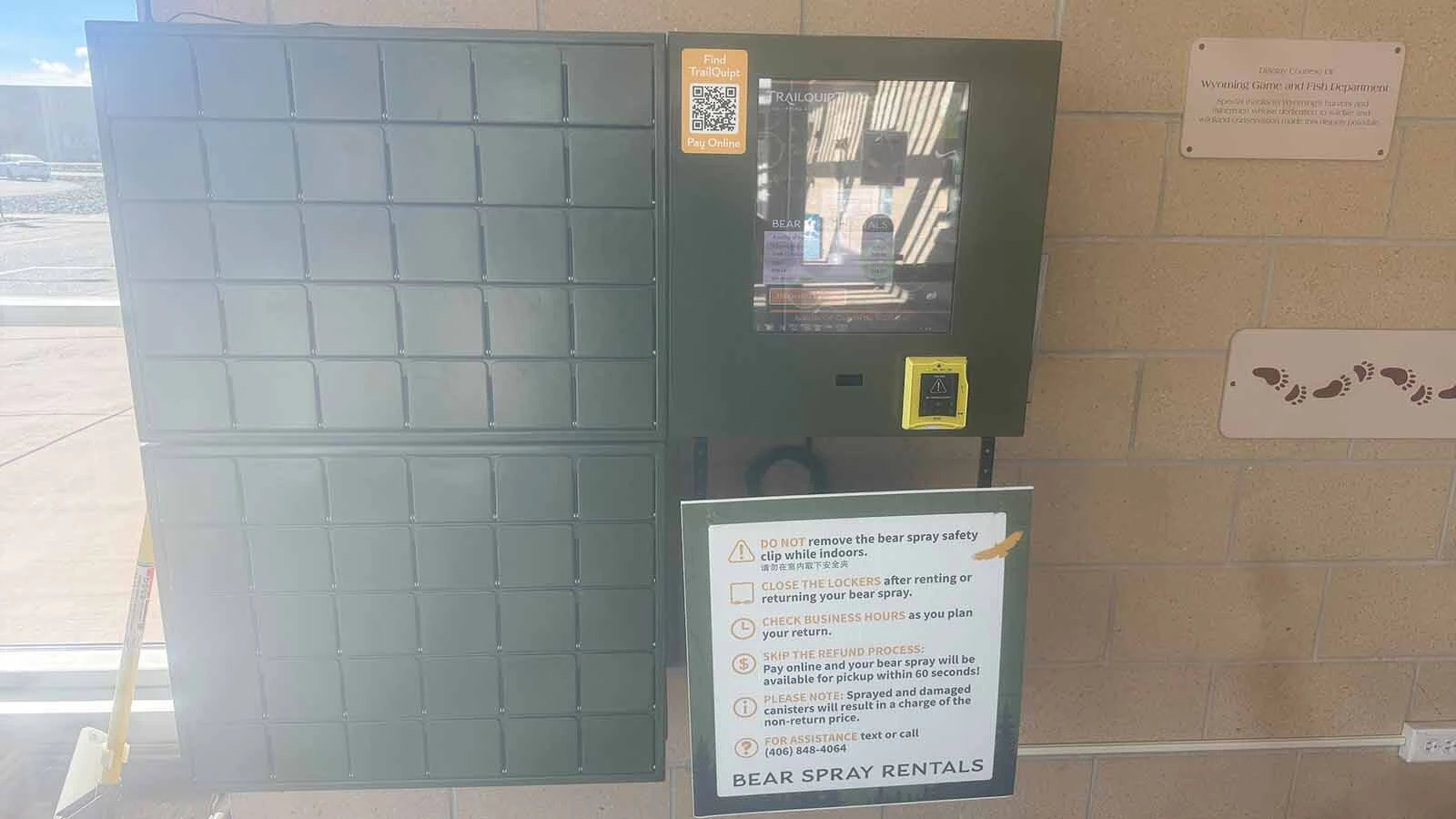 This kiosk, under private contract, dispenses bear spray to visitors at the Yellowstone Regional Airport in Cody and allows them to return it when they return.