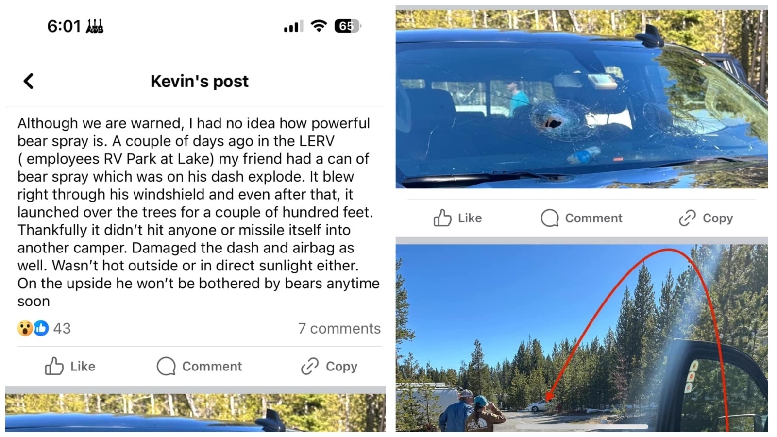 A can of bear spray exploded in a vehicle in an employee lot at Yellowstone National Park, blowing through the windshield and launching about 200 feet.