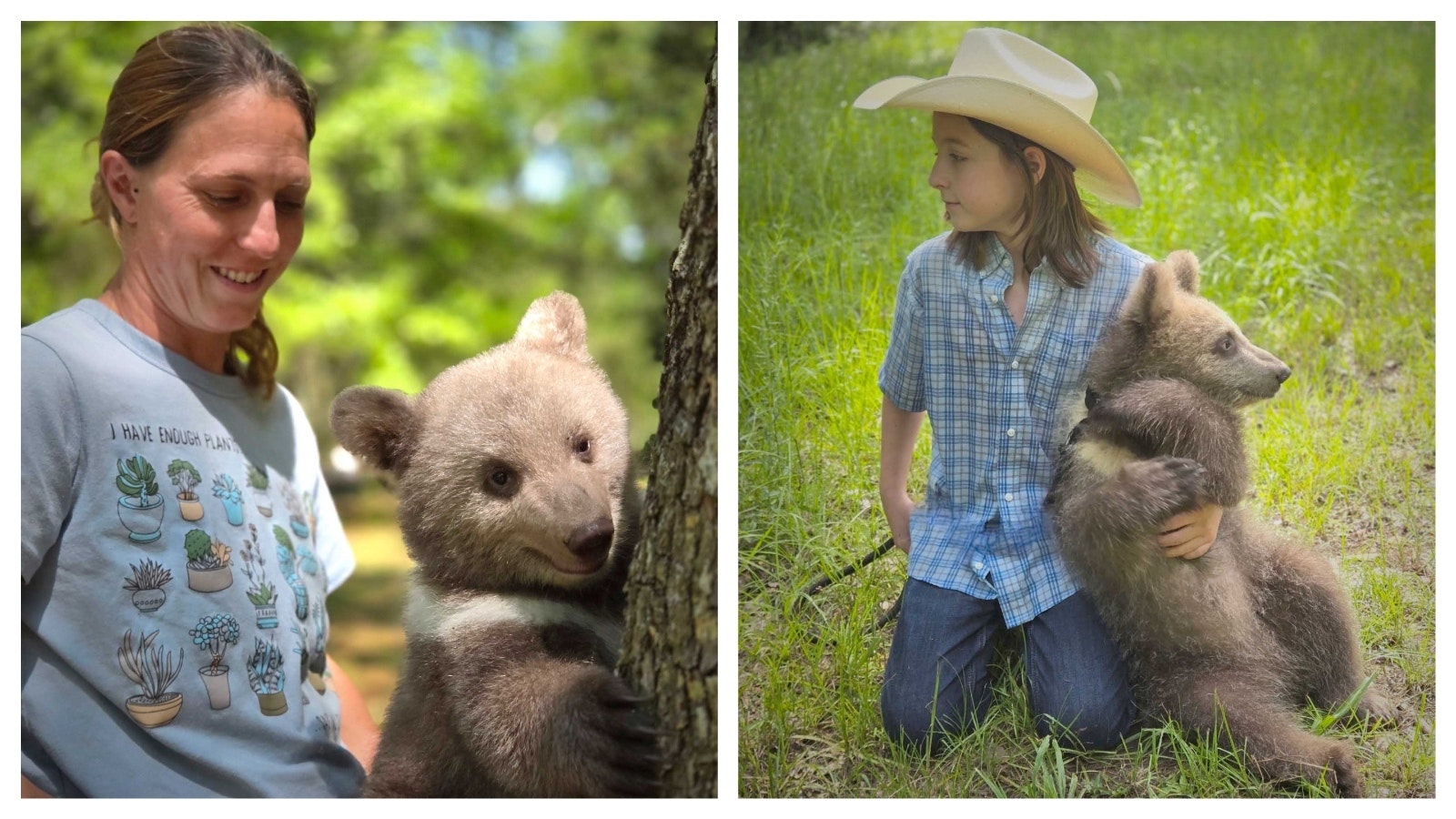 Angela Rempe, left, chills with a cub named Bitsy at the Grizzly Ranch Bear Rescue in Alabama. Right, Isaac Rempe Jr. relaxes with a grizzly cub named Betty at the Grizzly Ranch Bear Rescue in Alabama.