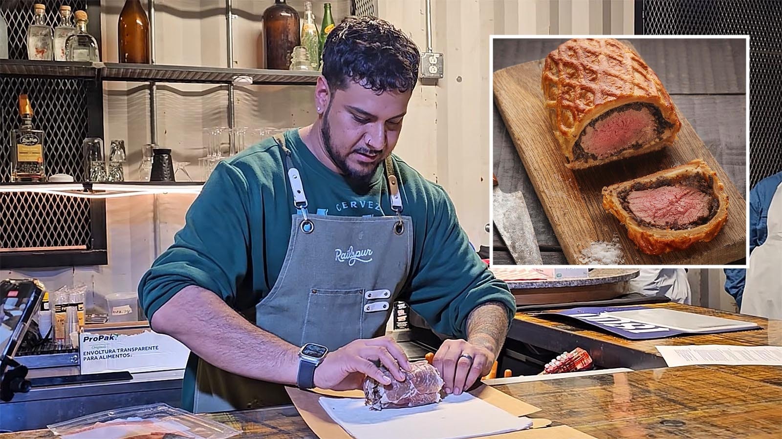 Chef Juan Coronado, co-owner of Railspur, demonstrates how to prepare the classic holiday dish beef Wellington.