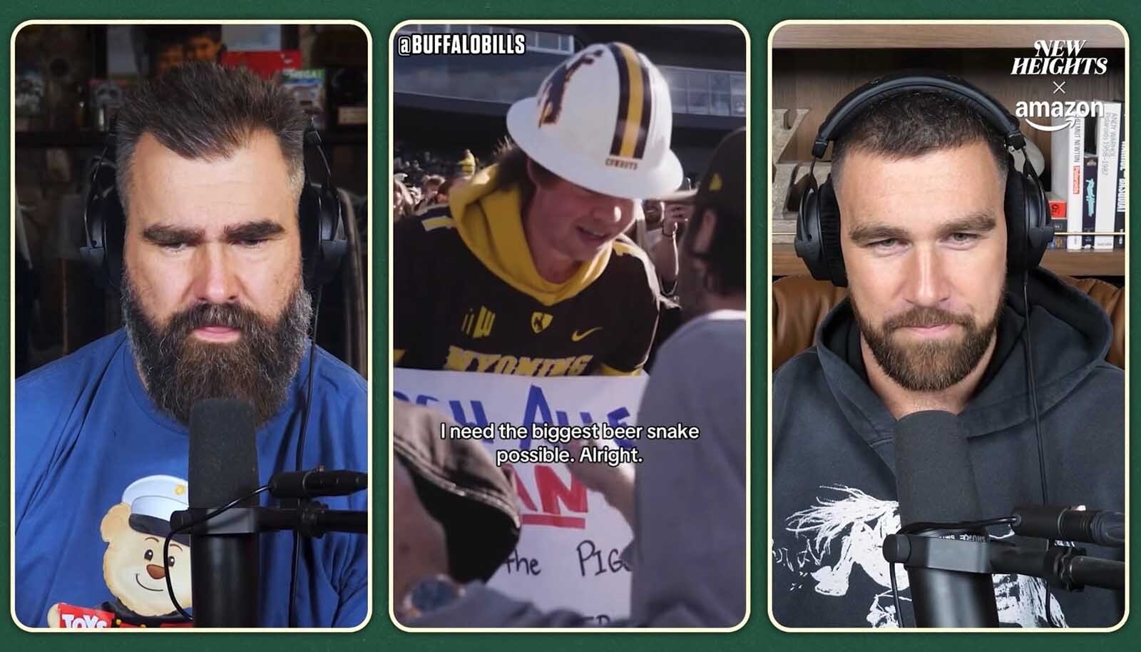 Jaxon Sweep, center, landed on ESPN and the popular Overtime Bros. podcast hosted by Jason, left, and Travis Kelce. Travis especially was impressed with the epic beer snake Jaxon got started at the Nov. 22 University of Wyoming football game at War Memorial Stadium.
