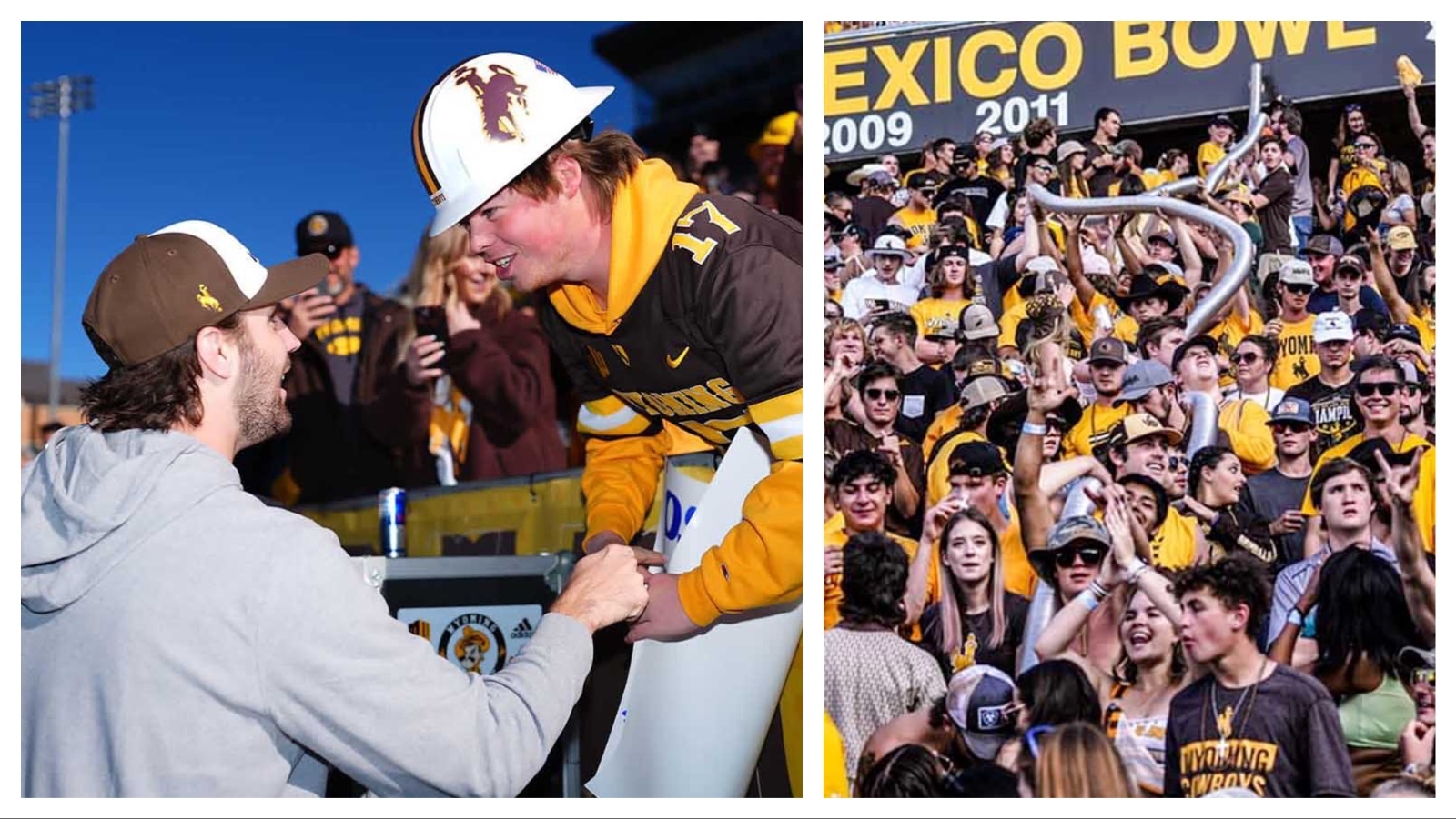Josh Allen, left, called Jaxon Sweep’s number and challenged him to start a giant beer snake at War Memorial Stadium.