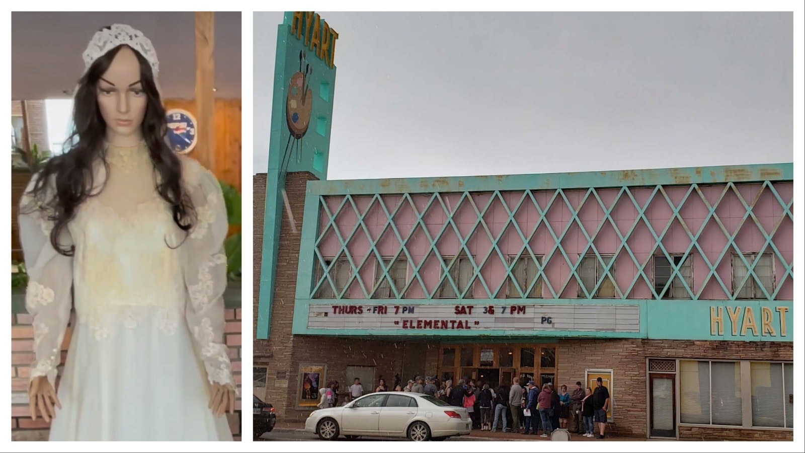 The iconic white wedding dress Geena Davis wore in her role as Barbara Maitland in the 1988 cult movie classic "Beetlejuice" is on display this weekend at the Hyart Theatre in Lovell, Wyoming. It's showing the long-awaited premired of the sequel, "Beetlejuice Beetlejuice."