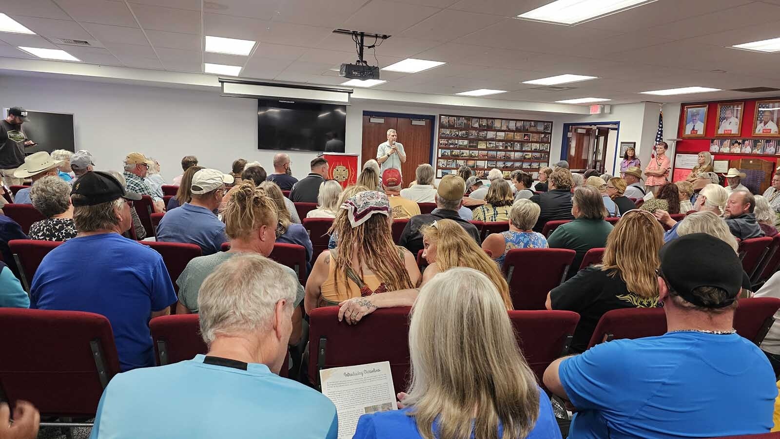 Mark Begich speaks to a standing room-only crowd at the Thermopolis Volunteer Fire Hall Monday night.