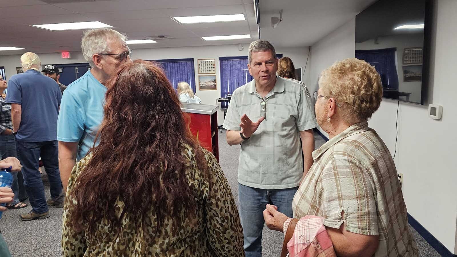 Mark Begich answers questions after a meet-and-greet  at the Thermopolis Volunteer Fire Hall on Monday night.
