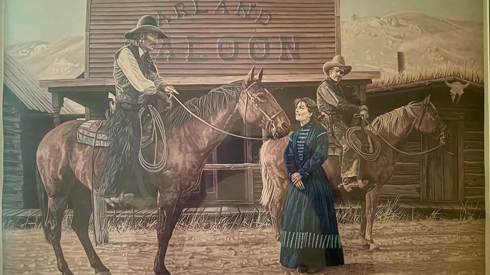 Larry Edgar painted this depiction of Belle Drewry based on accounts of what she may have looked like and the blue dress she was known to have worn.
