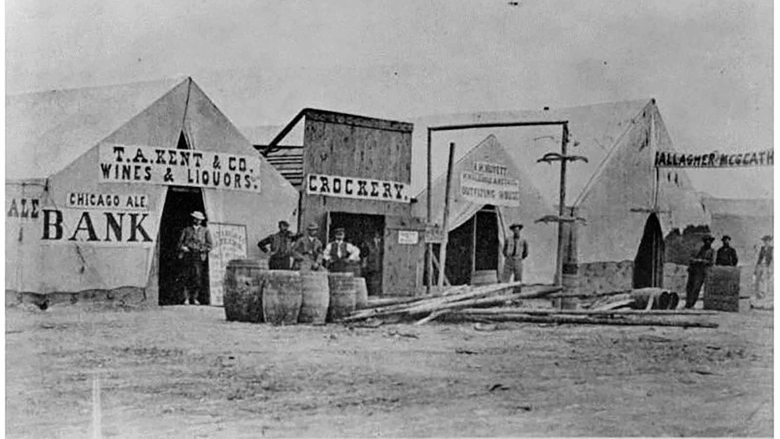 Money was to be made as the Union Pacific Railroad laid tracks into the remote Wyoming Territory in 1868. Beginning in Cheyenne, a town that reporters thought would meet a quick death, Hell on Wheels towns would spring up nearly overnight with large canvas tents and sectional buildings literally wheeled in. Banks, saloons and doctor offices were among the 200 businesses that were erected in three days to serve the nearly 3,000 residents of Benton, a town that only lasted three months but gained a sordid reputation from visiting journalists who observed the mayhem of life along the railroad.