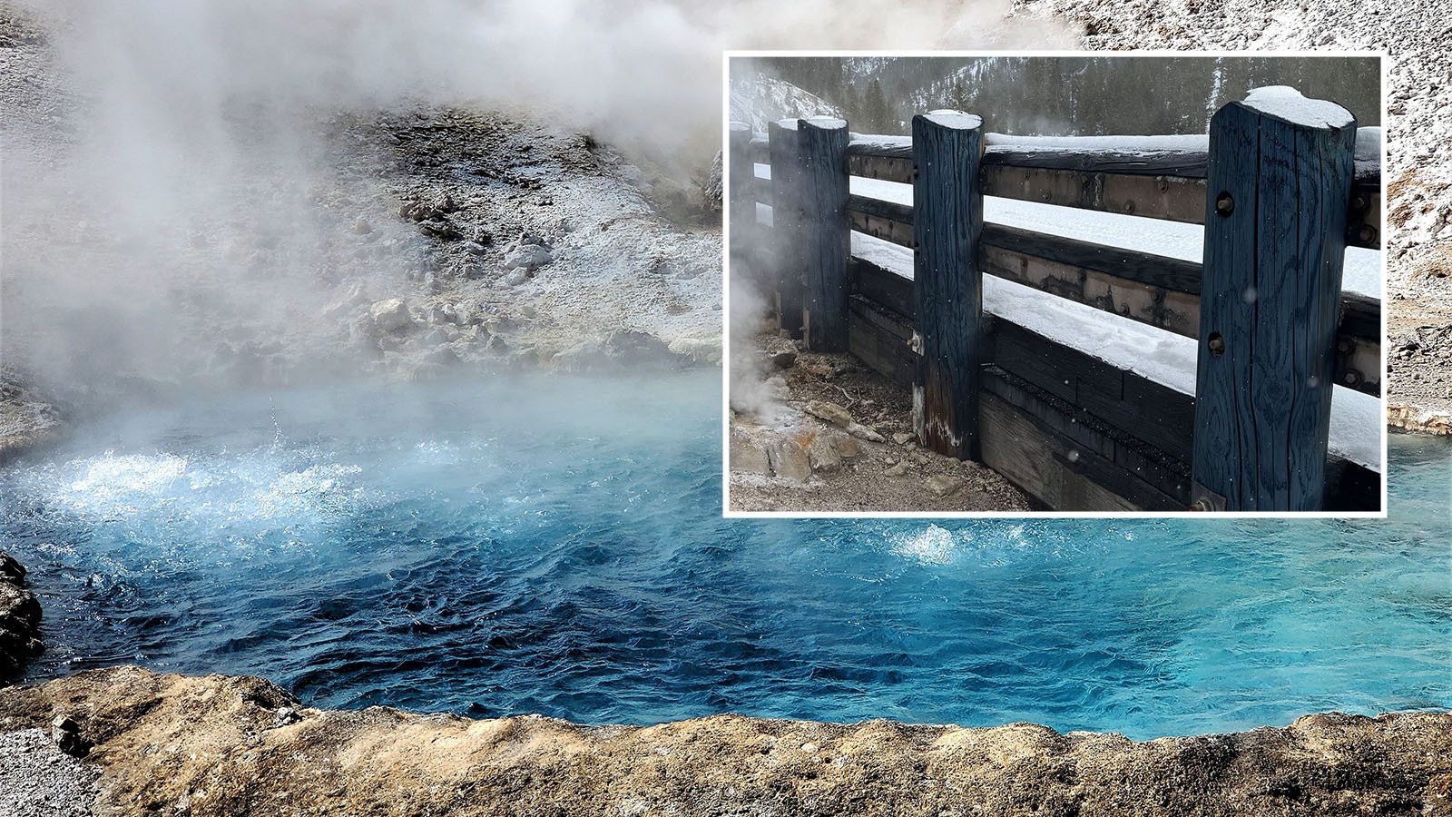 Beryl Spring, located between Mammoth Hot Springs and Madison Junction, was named for the color of its boiling water, which has been a source of intrigue, frustration, and destruction since the beginning of Yellowstone National Park. It also turns the untreated wood on the boardwalk blue.