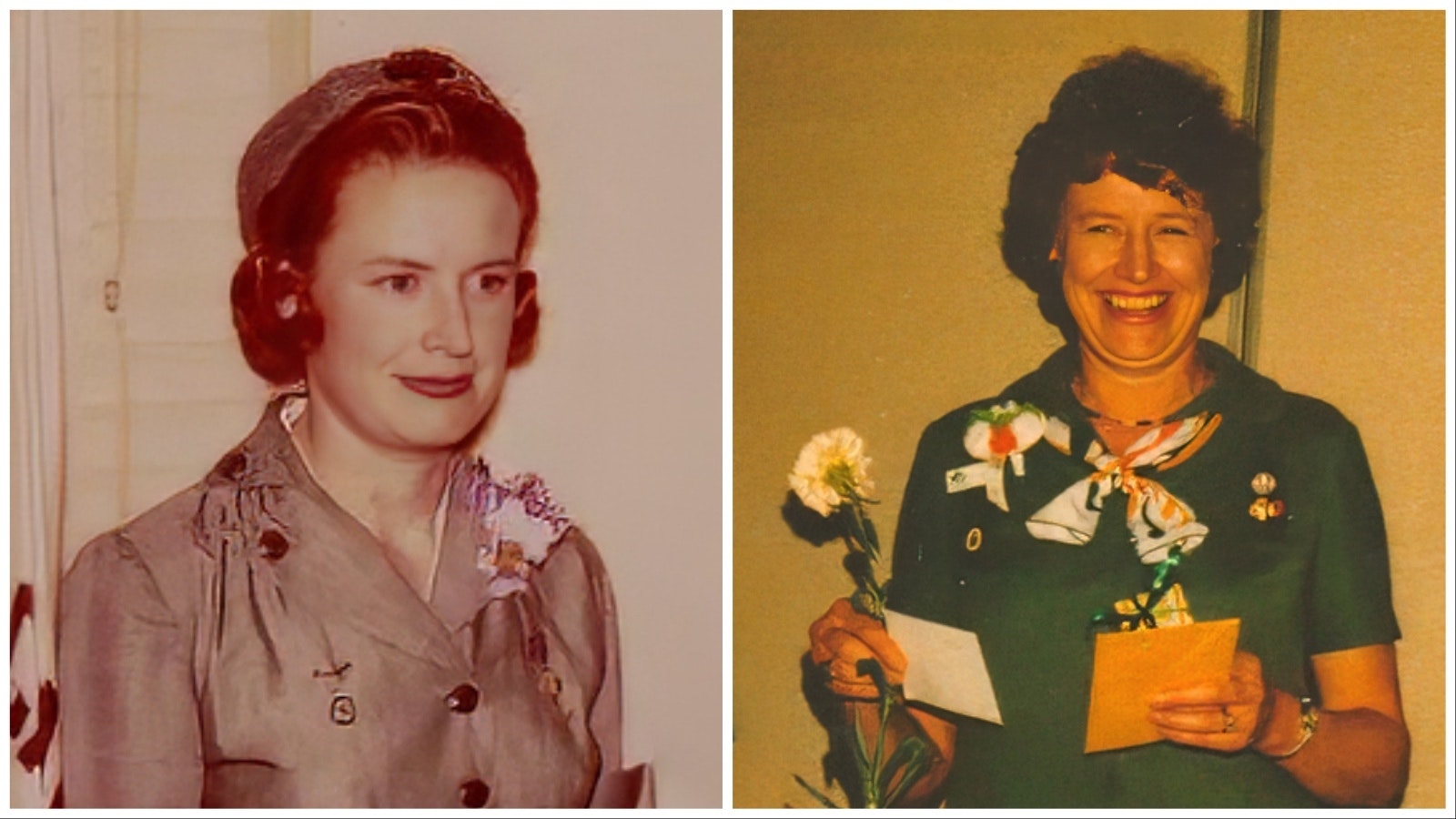 Left, Bettie Marie Daniels is pictured during her time with the Girl Scouts in Los Angeles in the 1950s. Right, Daniels receives the Thanks Badge, which honors a registered GIrl Scout adult whose ongoing commitment, leadership, and service have had an exceptional and measurable impact on meeting the mission-delivery goals and priorities for the council.