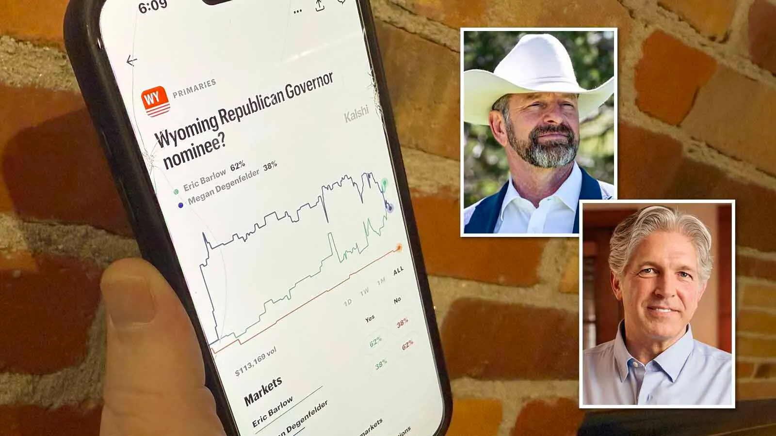 The Kalshi app is one of the electronic betting platforms where people can wager on Wyoming's races for governor and U.S. House. The oddmakers so far favor Eric Barlow for governor, top, and Steve Friess for House.