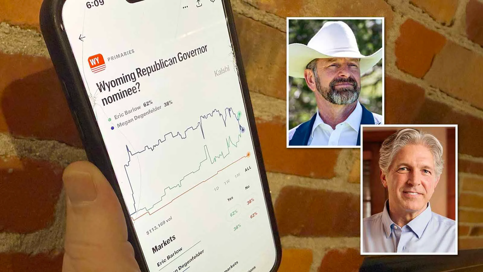 The Kalshi app is one of the electronic betting platforms where people can wager on Wyoming's races for governor and U.S. House. The oddmakers so far favor Eric Barlow for governor, top, and Steve Friess for House.