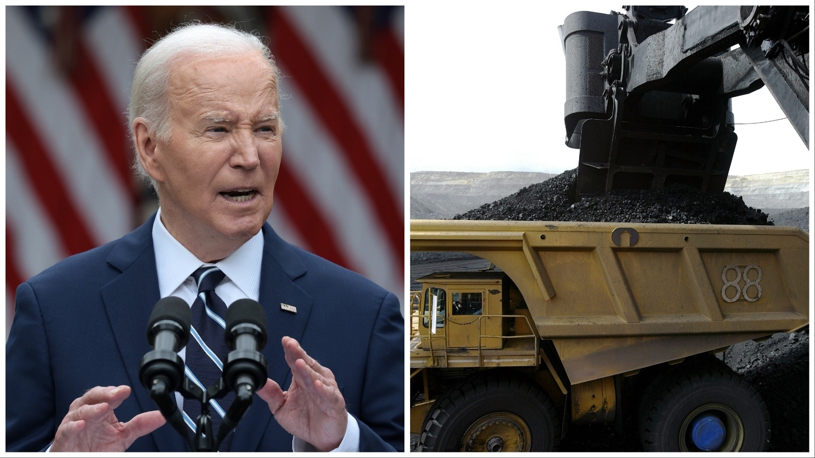 President Joe Biden, left, and a Powder River Basin coal shovel loading a haul truck.
