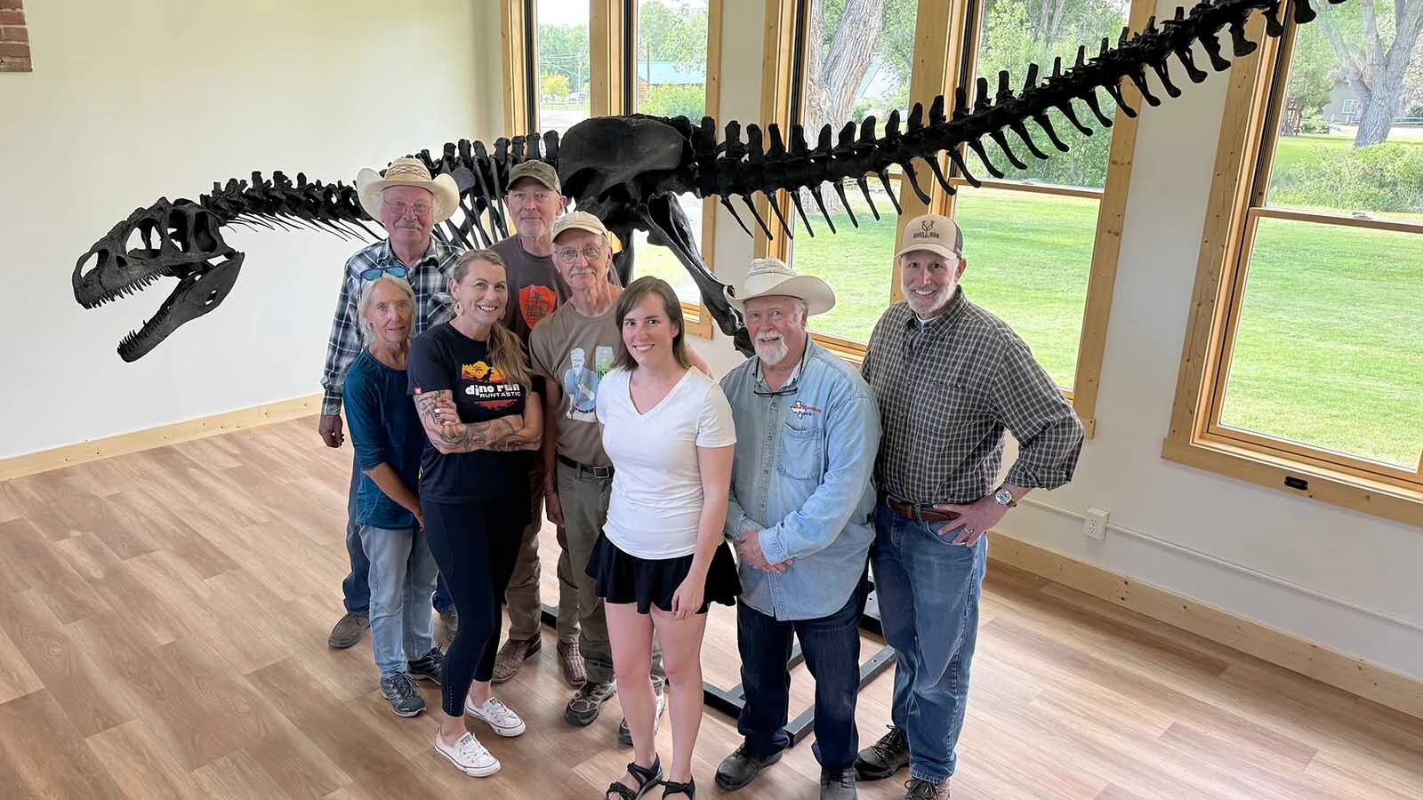 The board of the Wild West Dino Den with the skeleton of "Big Al" the Allosaurus in the Historic Red Shell Schoolhouse. 