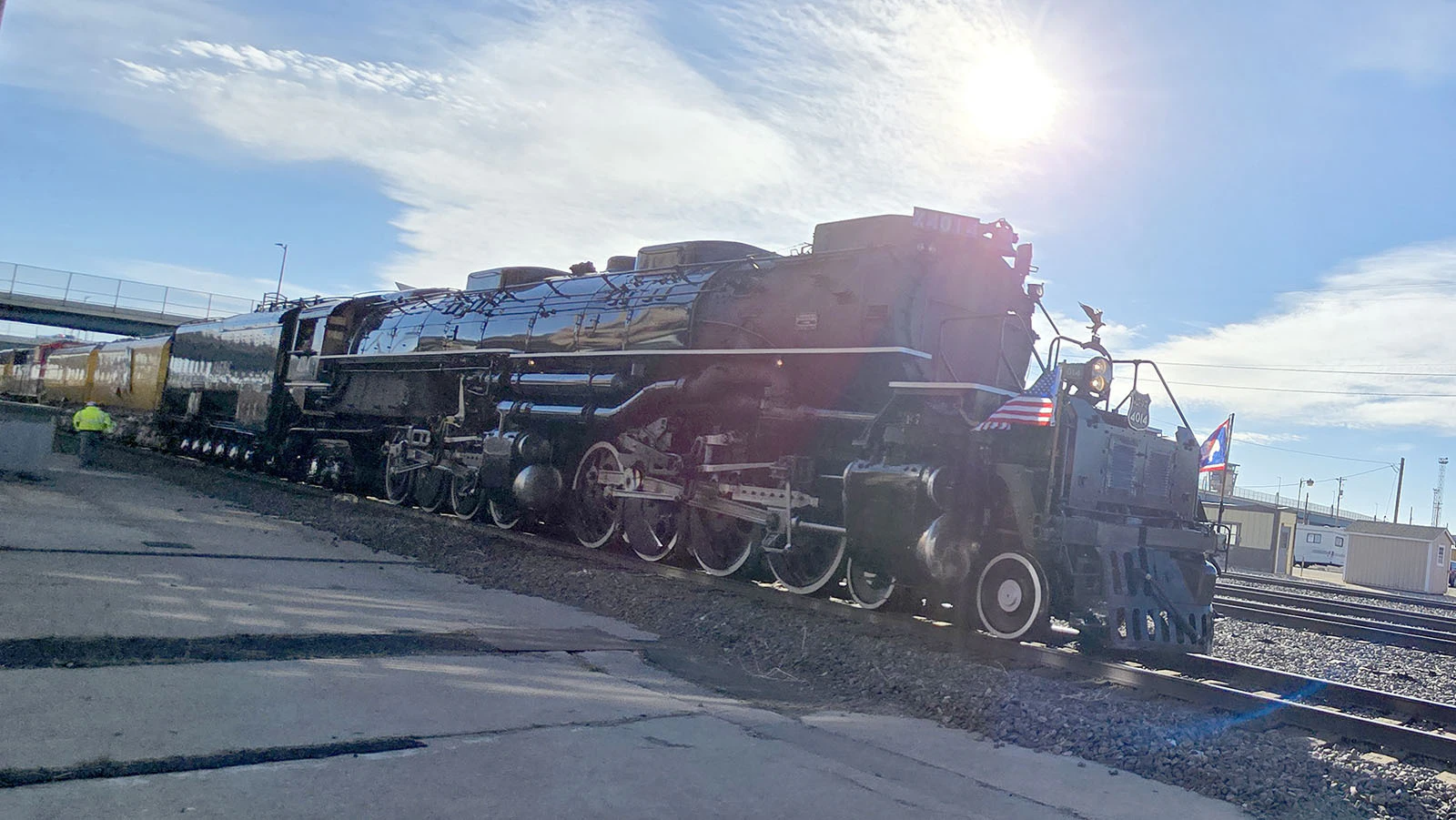 Big Boy takes off with an American flag and a Wyoming flag affixed to its front for its America 250 tour.