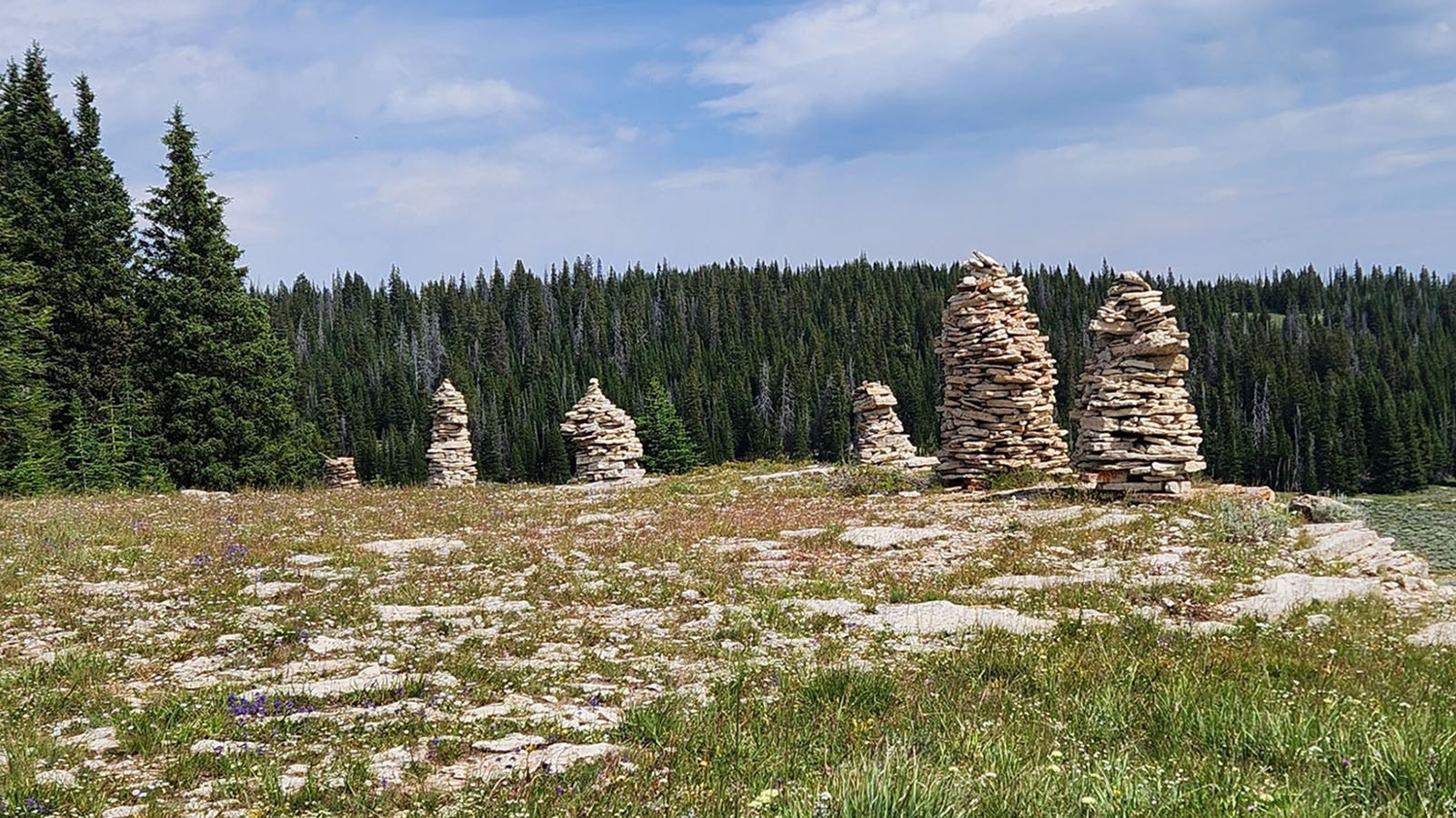 Someone built at least five large cairns in the Bighorn National Forest. Photos of the carefully piled rocks has created some controversy.