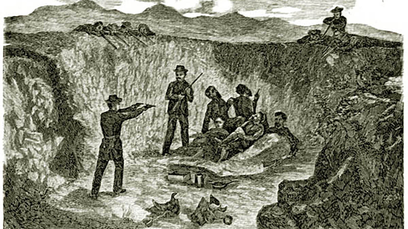 Capture of Dutch Charley's Gang near Rattlesnake Canyon, Elk Mountain, Wyoming Territory.