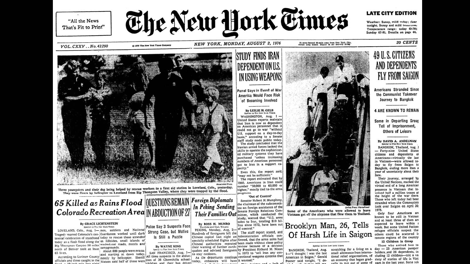 The New York Times on Monday, Aug. 2, 1976, made the Big Thompson Flood one of its lead stories.