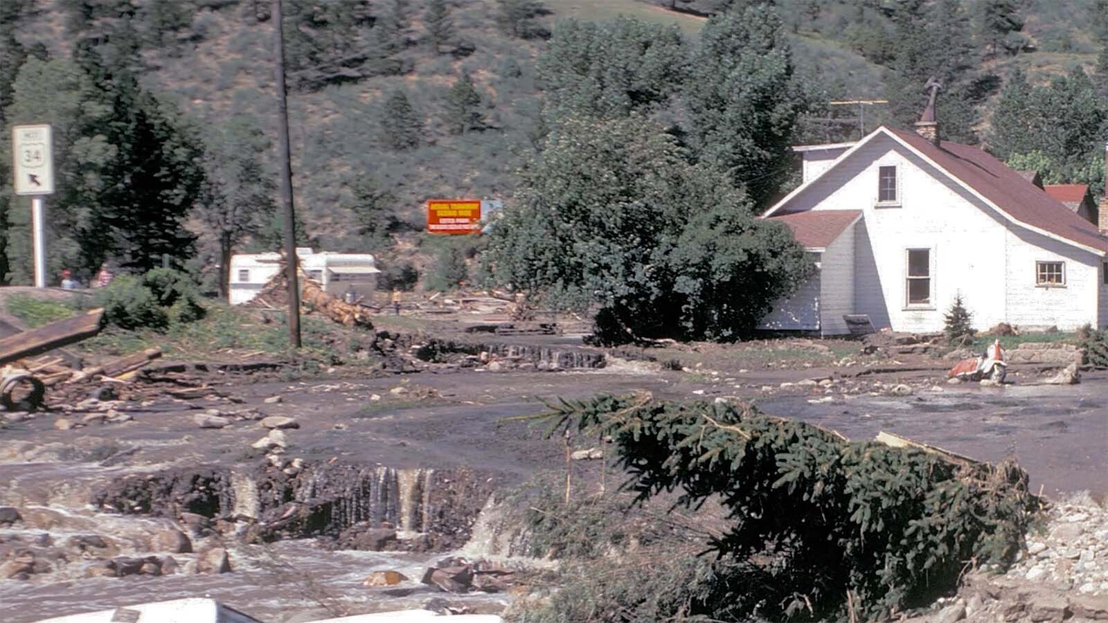 A shot along U.S. Highway 34 in a Rocky Mountain PBS documentary looking back at the flood reveals results of the flooding.