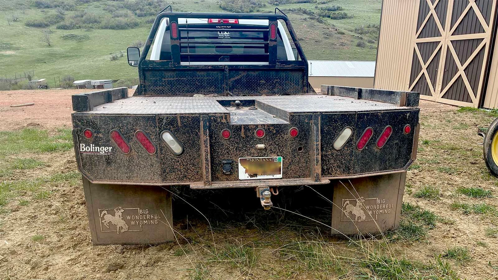 Pepper Fipps, the Cow Boss at the Rafter Star Ranch near Sheridan, uses only “Big Wonderful Wyoming” mud flaps on the ranch flatbeds and big rigs. He’s having trouble finding replacements.