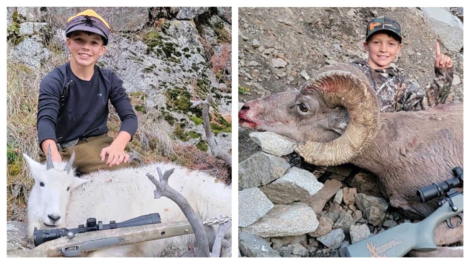 Left: At just 13 years old, Russell Goolsbey of Powell did what many seasoned hunters only dream of, shooting a mountain goat in northwest Wyoming’s backcountry. Right: At just 12 years old, Rhett Goolsbey did what many seasoned hunters only dream of, shooting a bighorn ram in northwest Wyoming’s backcountry.