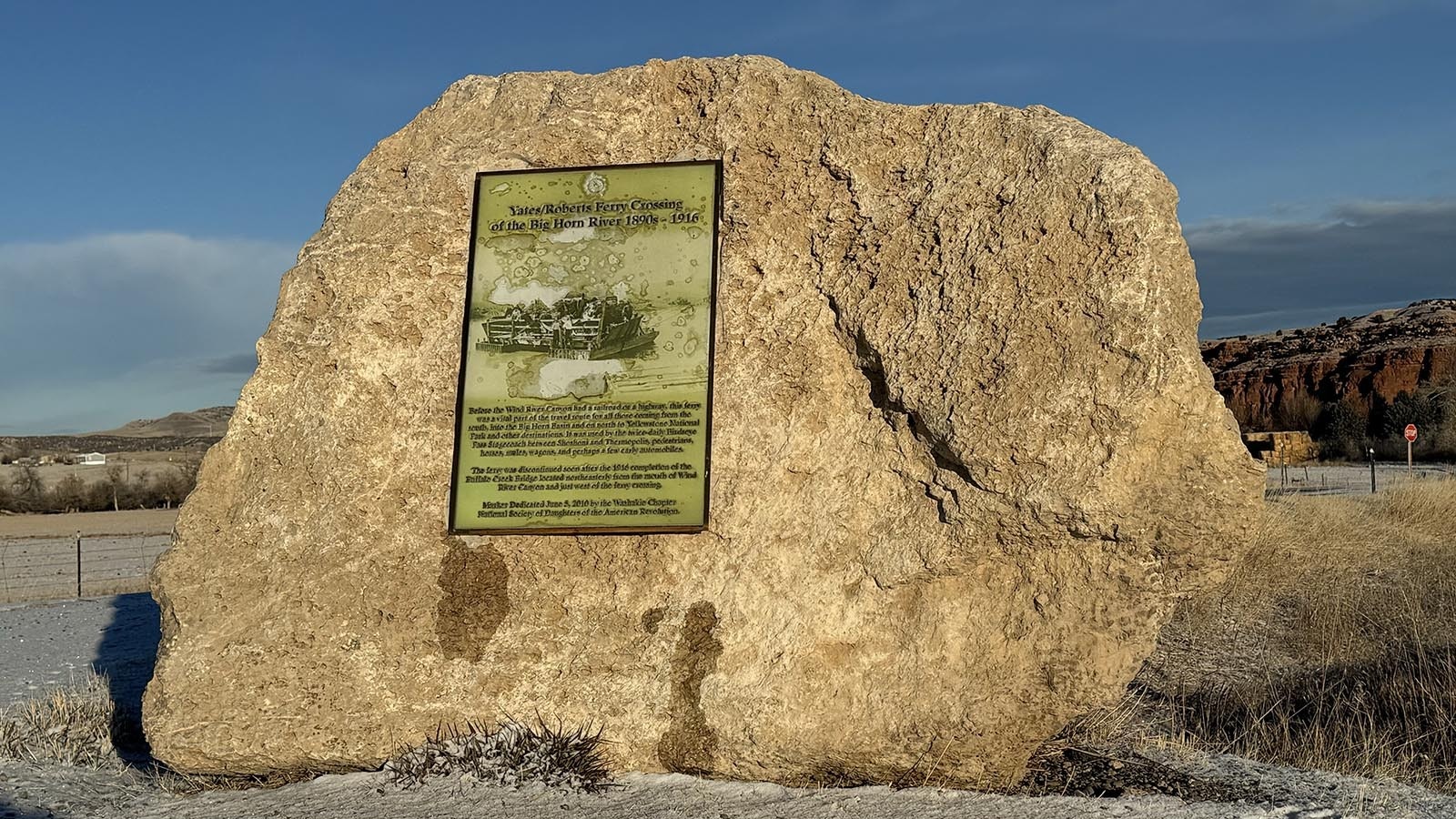 The fading marker for the ferry crossing that will be replaced by the Hot Springs County Historical Society in partnership with other statewide agencies.