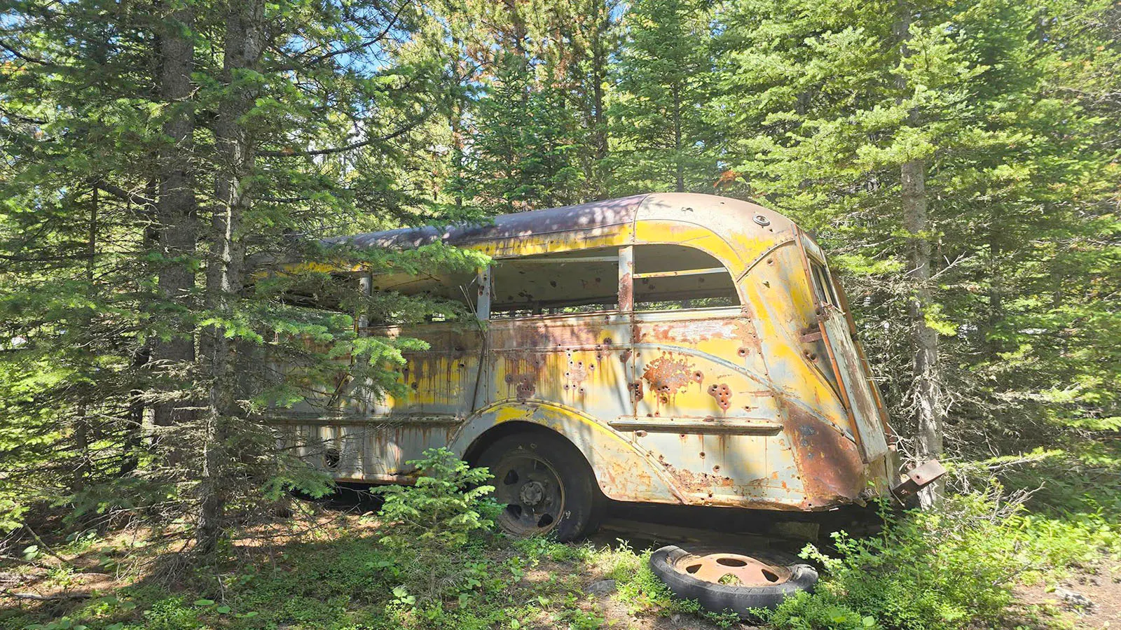 Anyone exploring in the vicinity of Little Goose Falls, near the Penrose Trail, will find the school bus sitting at the top of a rocky uphill trail in the Bighorn Mountains.