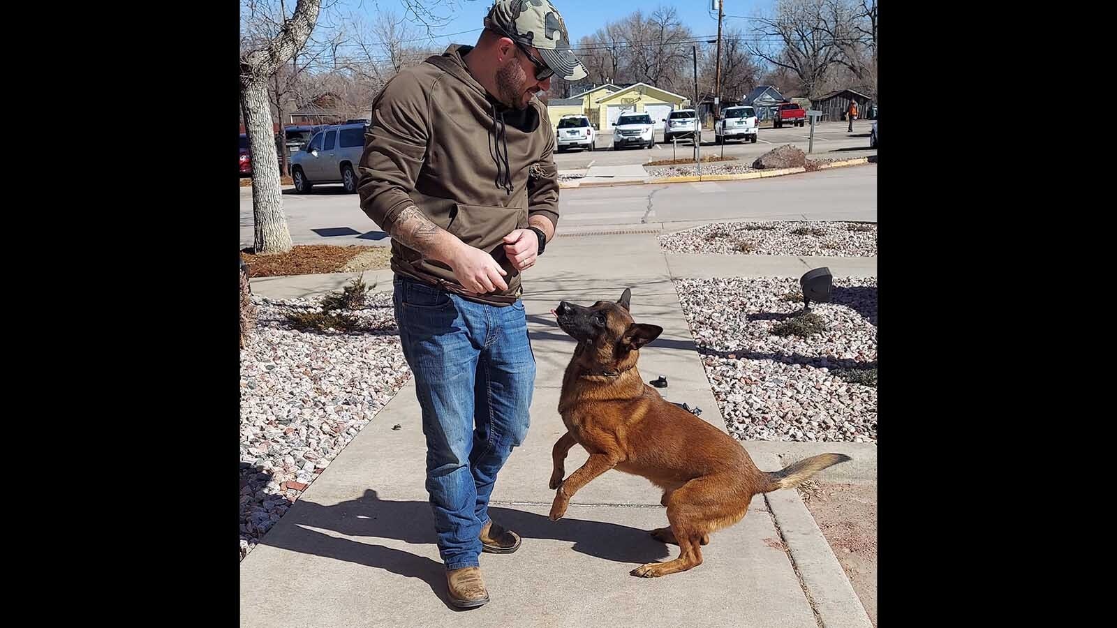 Gillette Police Department Cpl. Trevor Johnson with his pet Belgian Malinois Bilko. But until recently, Bilko was a rock-star K-9 officer partnered with Johnson until the 8-year-old police dog was retired.