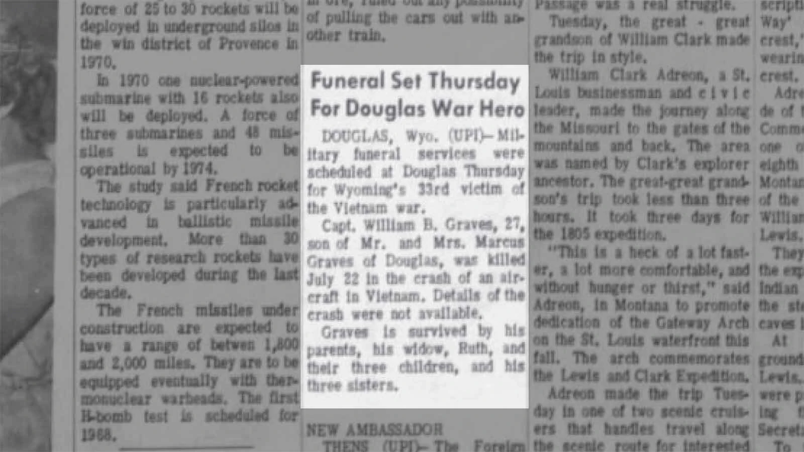 An item in the Aug. 2, 1967, edition of the Casper Star-Tribune after the death of Capt. William Graves in Vienam.