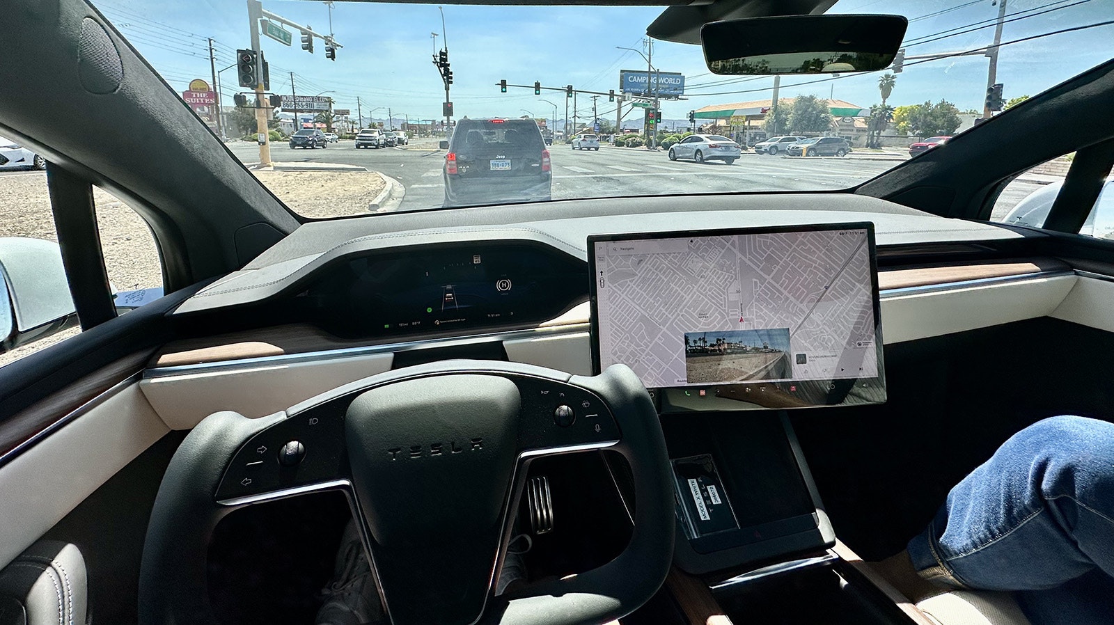 The cockpit during Bill Sniffin's Las Vegas test drive of a $133,000 Tesla.