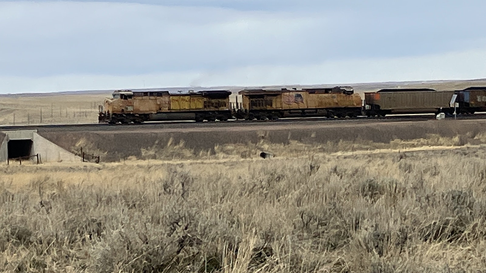 A Union Pacific Railroad coal train heads south out of Bill, Wyoming. The hamlet 35 miles north of Douglas is the rest stop for train crews.