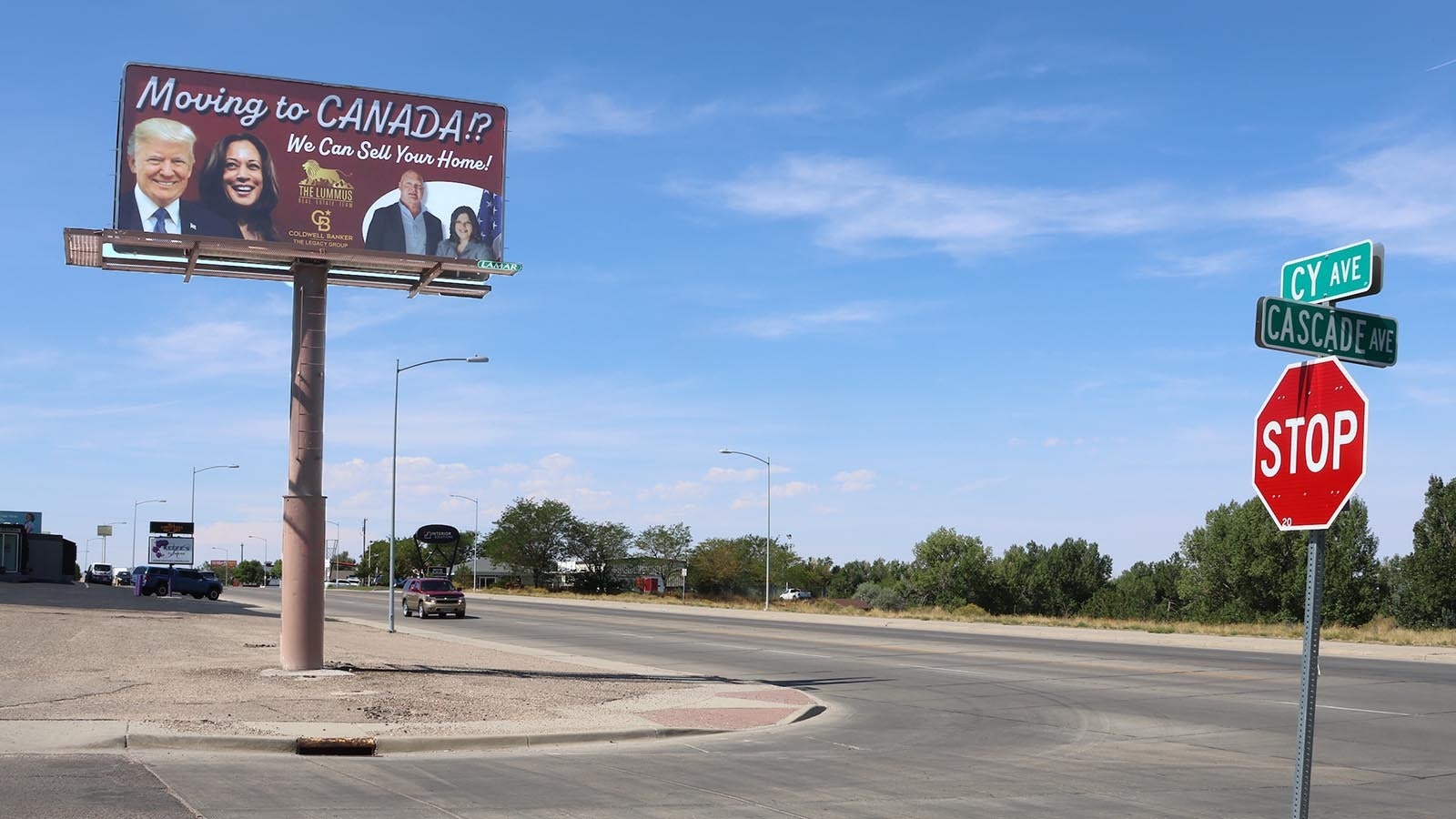 This billboard at the interseciton of CY and Cascade avenues in Casper is getting more attention as the presidential election season heats up — and since it switched out Biden's photo for Kamala Harris.