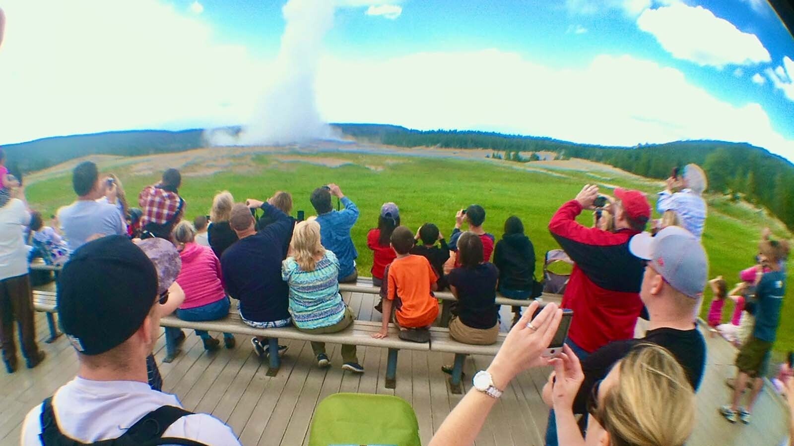 Old Faithful geyser goes off about every 90 minutes.