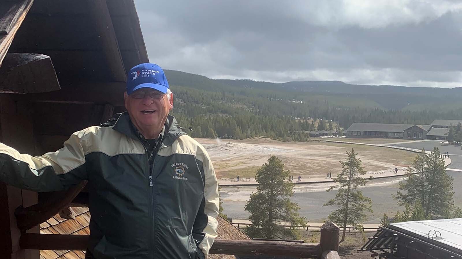 Bill Sniffin enjoys the view from the crow’s nest near the roof the historical Old Faithful Inn.