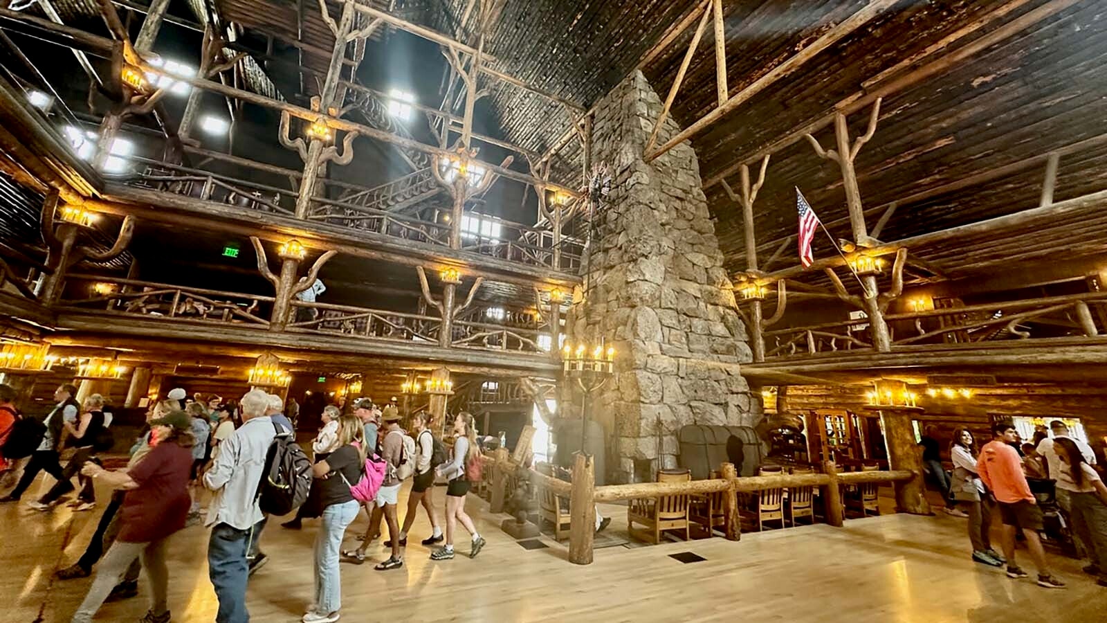 The lobby of the historical Old Faithful Inn offers a unique experience.