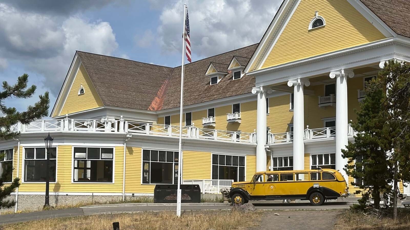 The Lake Hotel with one of the historic jammer buses parked in front.
