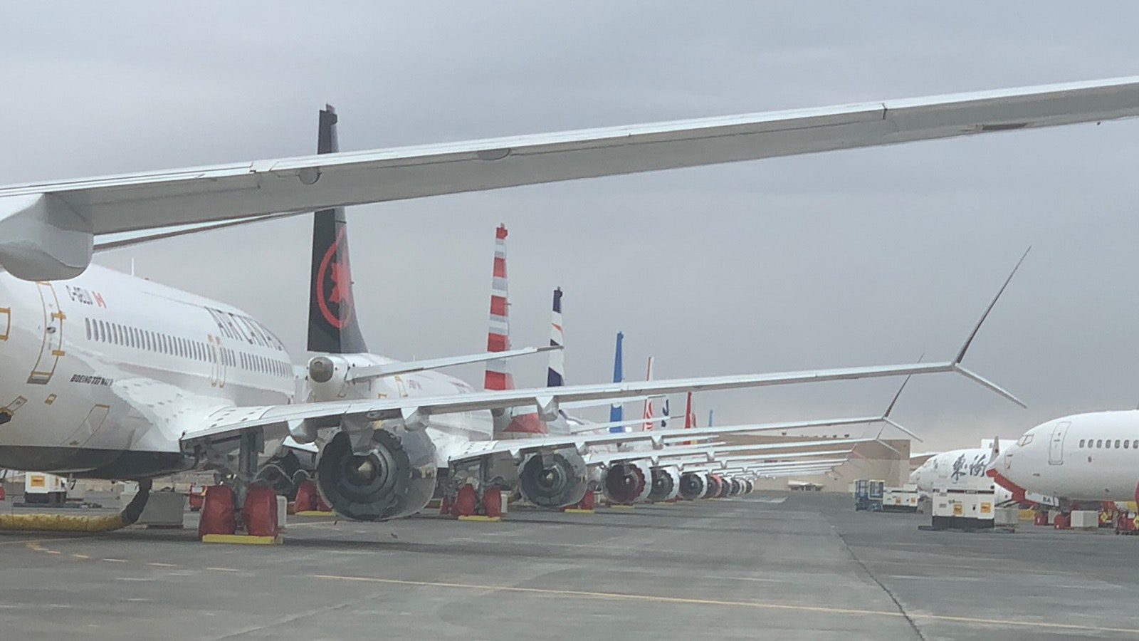 A long line of parked jets.