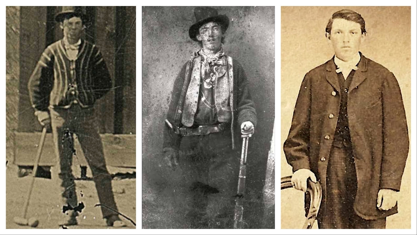 It didn’t take long after the only known authenticated photo of notorious Wild West outlaw Billy the Kid sold for $2.3 million in 2011 that others were suddenly “discovered.” Claims have sparked debate with historians who say they can’t be verified. Center is the only known authenticated Billy the Kid image. At left is a photo that claims to show him playing croquet, and at right is one a forensic expert says is Billy the Kid as a teen.