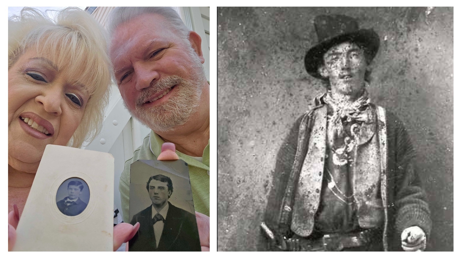 Left, Beth and Tom Ronketty pose with two photos that they believe are Billy the Kid before he became an outlaw. The photo has been in Beth’s family since the late 1800s and she had grown up with her dad telling her it was Billy before he shamed the family and became an outlaw. Right, the only verified photo of Billy the Kid is this damaged tintype, which sold at an auction in 2011 for $2.3 million.