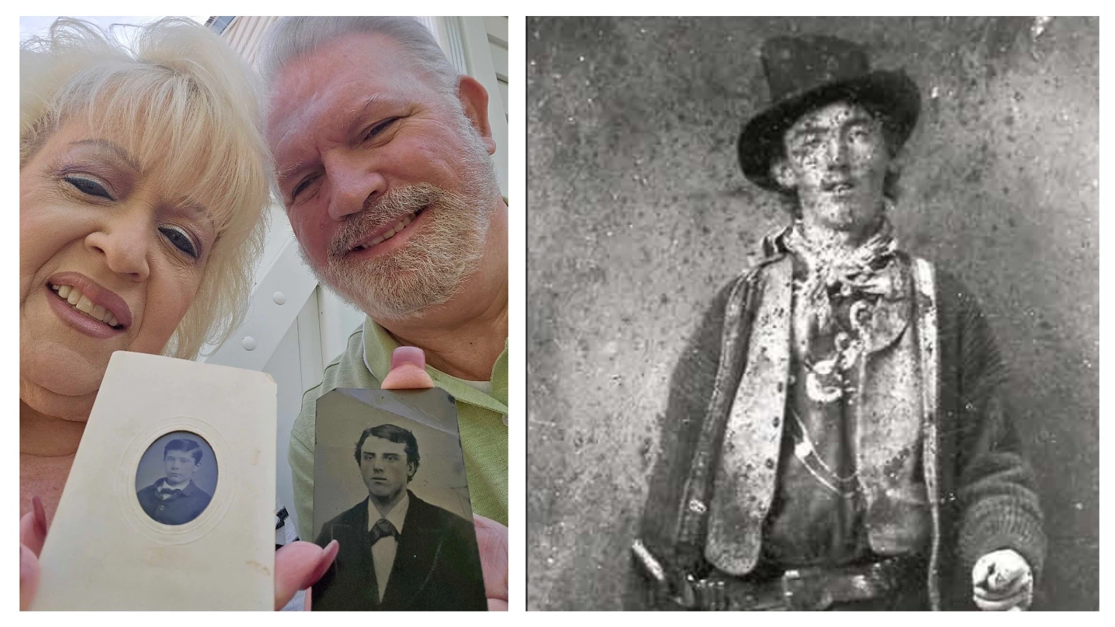 Left, Beth and Tom Ronketty pose with two photos that they believe are Billy the Kid before he became an outlaw. The photo has been in Beth’s family since the late 1800s and she had grown up with her dad telling her it was Billy before he shamed the family and became an outlaw. Right, the only verified photo of Billy the Kid is this damaged tintype, which sold at an auction in 2011 for $2.3 million.