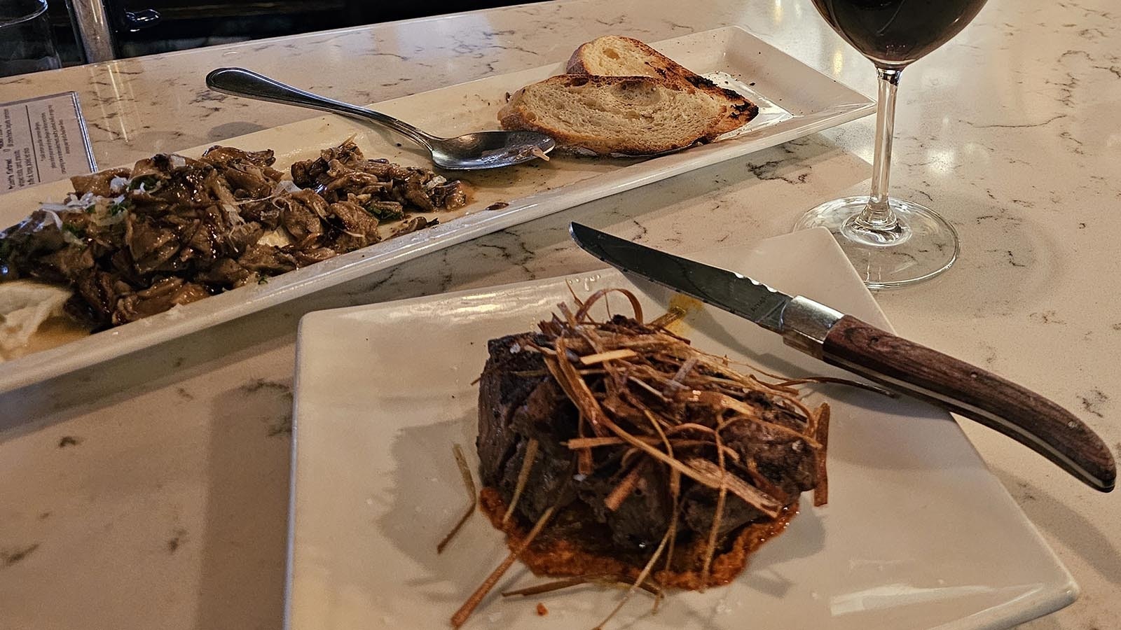 The steak is a more substantial small plate and paired well with the mushroom caprese salad. The dark red recommended by the staff was the perfect wine for the dishes.