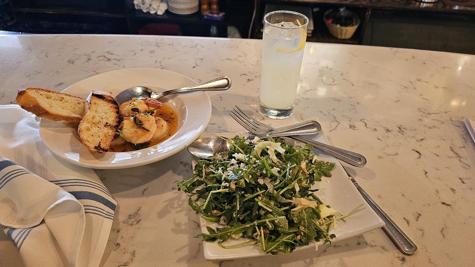 Another light lunch option, the shrimp plate, a Spanish salad, and a lemonade mocktail.