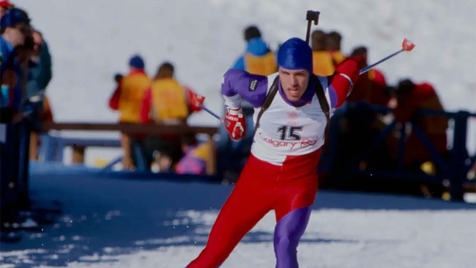 Darin Binning Sr. races in the 1988 Calgary Winter Olympic Games.
