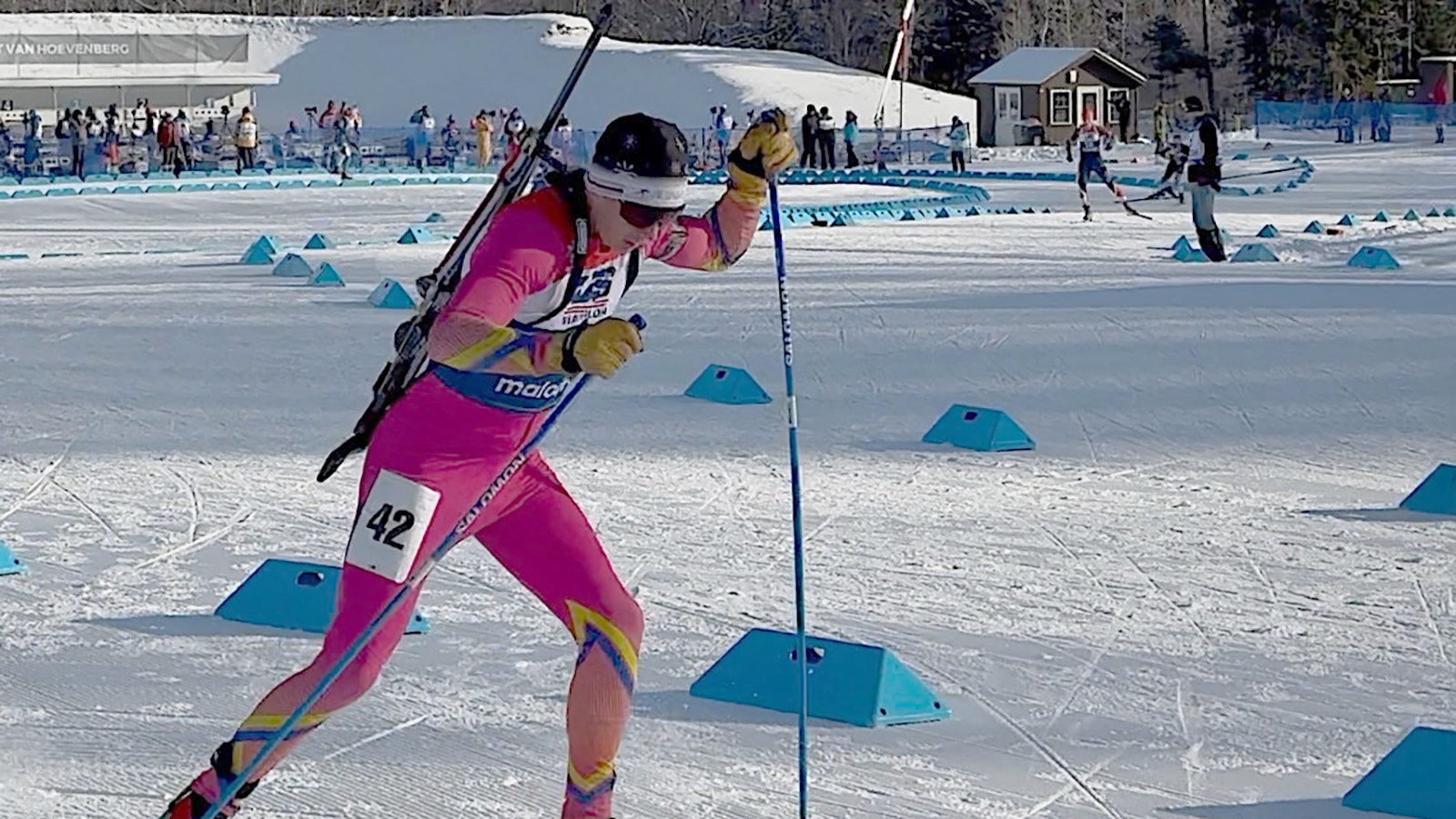 Darin Binning Jr. moves through the biathlon course during a race in Lake Placid, New York.